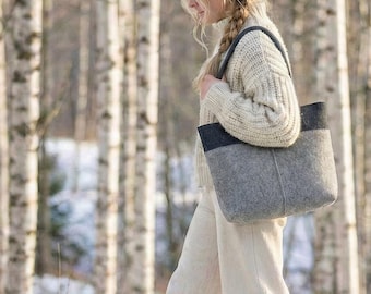 Merino Felt Tote Bag – Wool Shopper in Grey & Charcoal – Sustainable Handmade Women’s Bag – Made in Italy