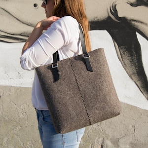 Wool Felt Tote Bag: Leather Straps, Handmade Stitching, Made in Italy