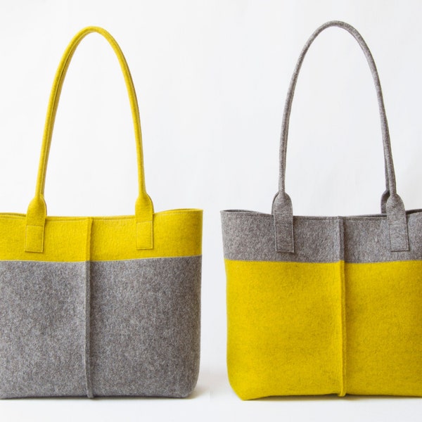 Wool Felt TOTE BAG gris et moutarde - sac fourre-tout bicolore - sac femme - sac à bandoulière en feutre - sac jaune - sac gris - fabriqué en Italie