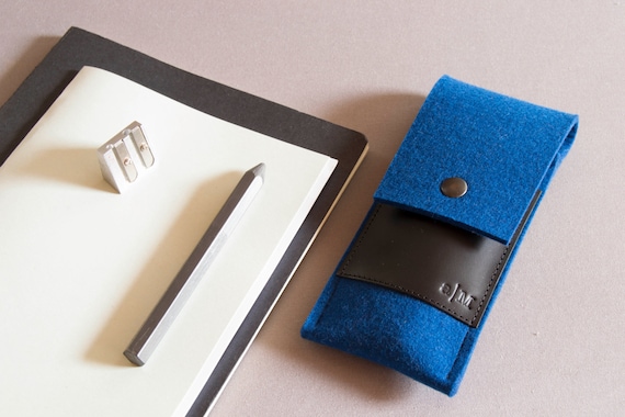 Felt and leather PEN HOLDER - deep blue and black - made in Italy