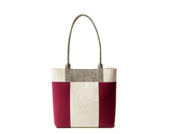 Three-tone TOTE BAG - oatmeal-grey-burgundy - wool felt tote bag - womens bag - felt shoulder bag - made in Italy