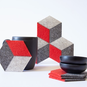Hexagonal Wool Felt Coasters: Grey & Orange Geometric Design