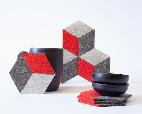 Hexagonal Wool Felt Coasters: Grey & Orange Geometric Design