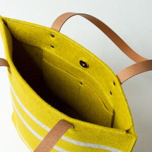 Striped TOTE BAG with leather straps mustard and oatmeal womens bag wool felt tote bag felt shoulder bag made in Italy image 4