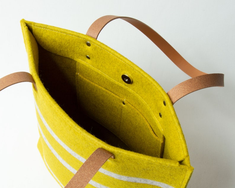 Striped TOTE BAG with leather straps mustard and oatmeal womens bag wool felt tote bag felt shoulder bag made in Italy image 4