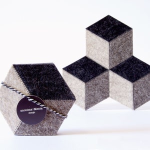Set of dark grey felt coasters - hexagonal coasters - wool felt coasters - geometric coasters - housewarming gift - made in Italy