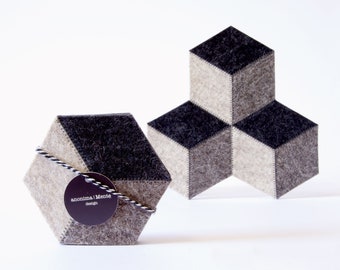 Set of dark grey felt coasters - hexagonal coasters - wool felt coasters - geometric coasters - housewarming gift - made in Italy