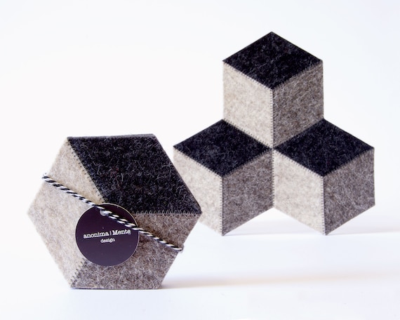 Set of dark grey felt coasters - hexagonal - made in Italy