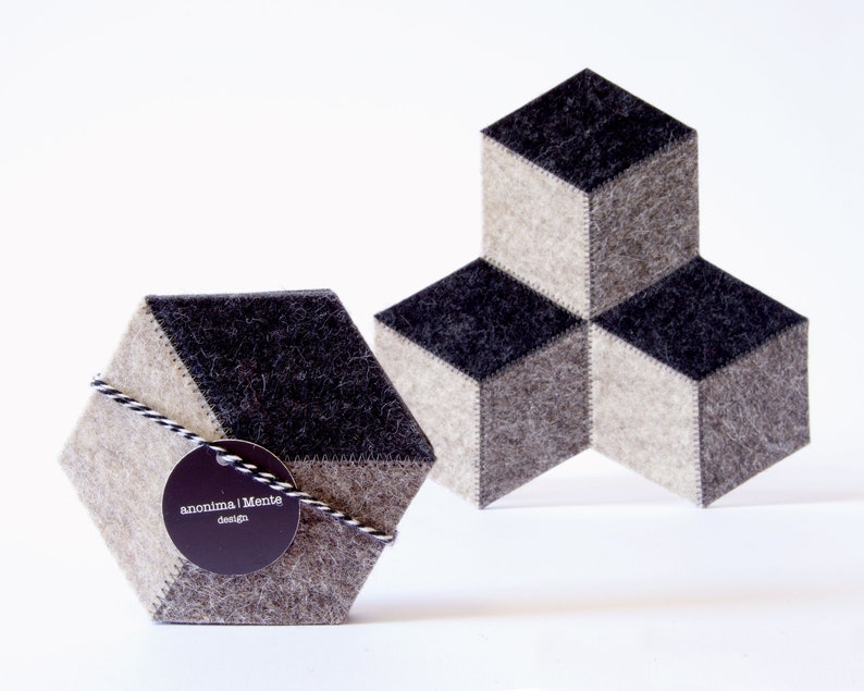 Set of dark grey felt coasters hexagonal coasters wool felt coasters geometric coasters housewarming gift made in Italy image 1