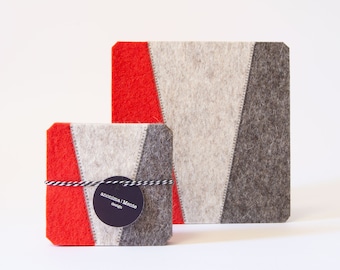 Set of felt coasters - grey and orange - square coasters - wool felt coasters - geometric coasters - housewarming gift - made in Italy