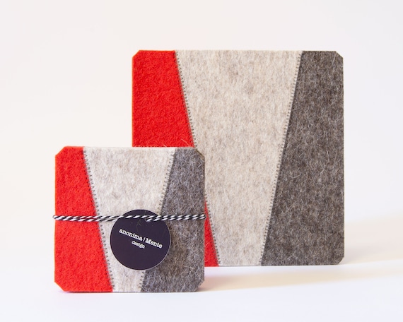 Set of felt coasters - grey and orange - square coasters - made in Italy