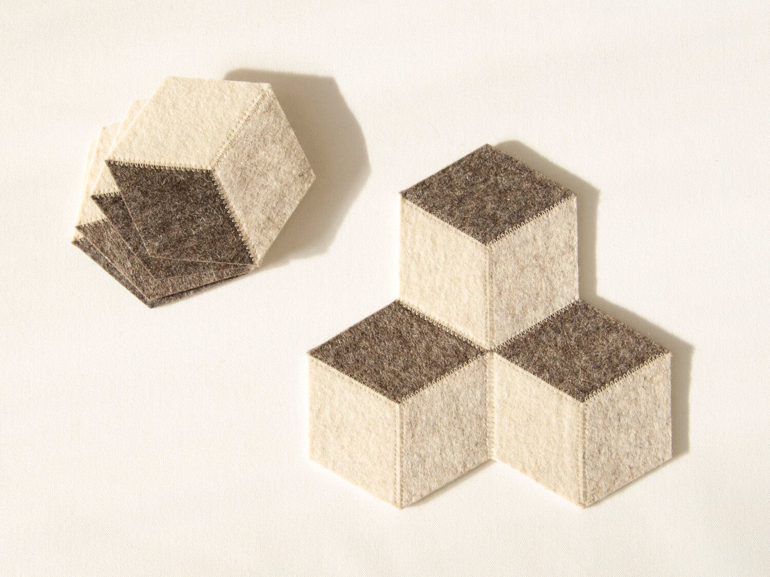 Set of light grey felt coasters, geometric, stylish coasters, wool felt