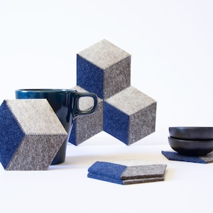 Set of grey and blue felt coasters - hexagonal coasters - wool felt coasters - geometric coasters - housewarming gift - made in Italy