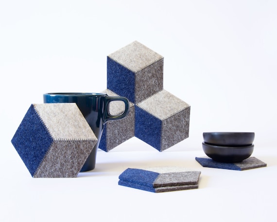Set of grey and blue felt coasters - hexagonal - made in Italy