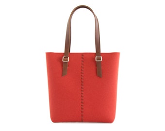 Wool felt TOTE BAG with leather straps - orange - felt women's bag - made in Italy