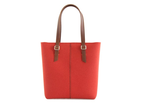 Wool felt TOTE BAG with leather straps - orange - made in Italy