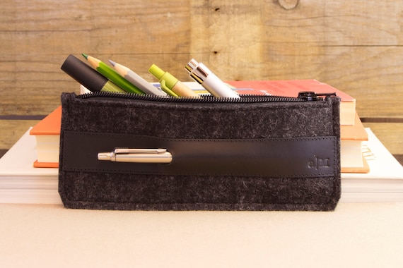 Felt and leather PENCIL CASE - charcoal and black - made in Italy