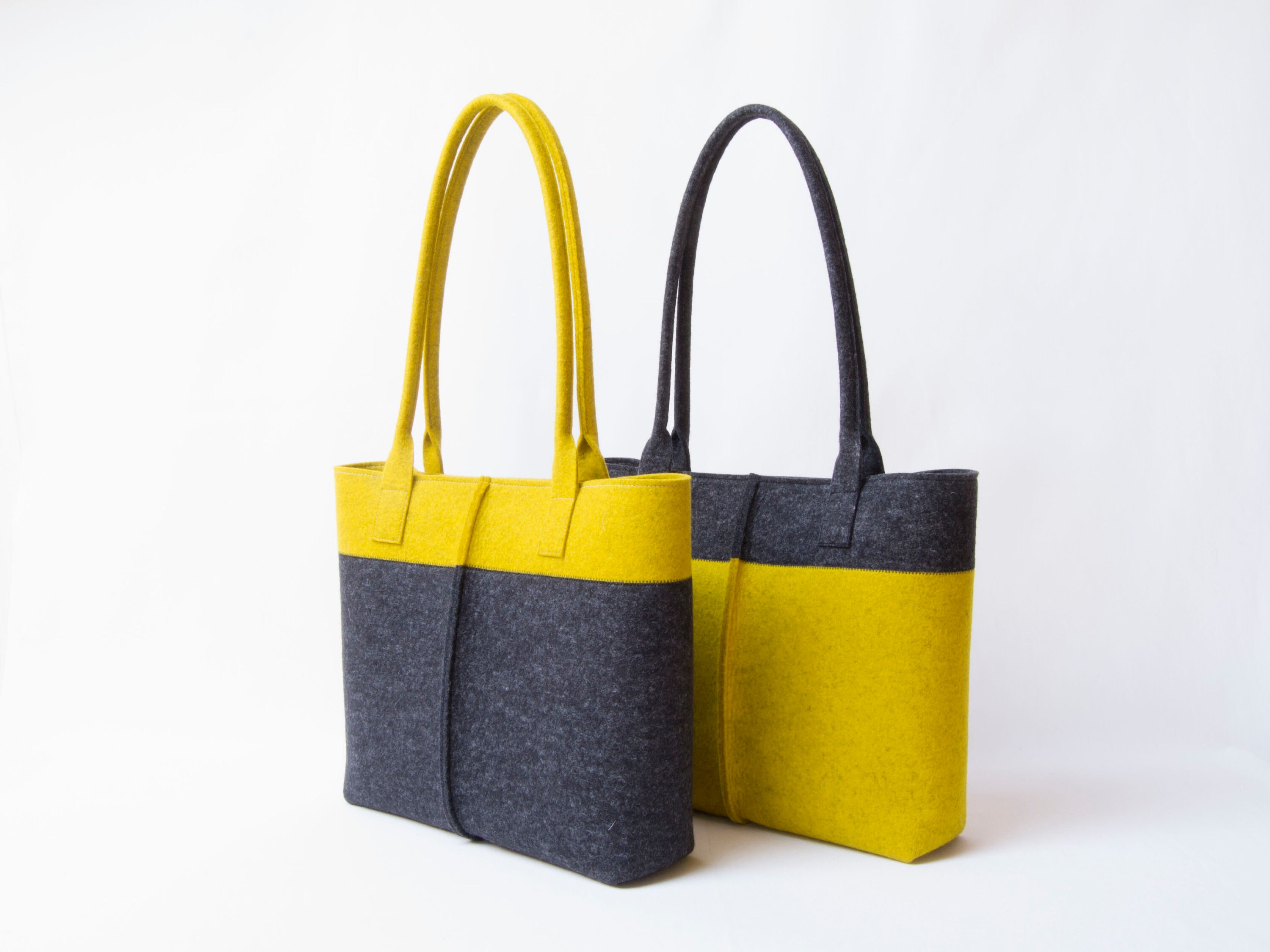 Wool Felt TOTE BAG charcoal and mustard two tone tote bag womens