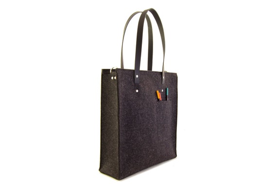 Felt TOTE BAG with leather straps - charcoal - made in Italy