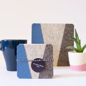 Wool Felt Coasters: Geometric Design, Light Blue & Gray, Handmade in Italy