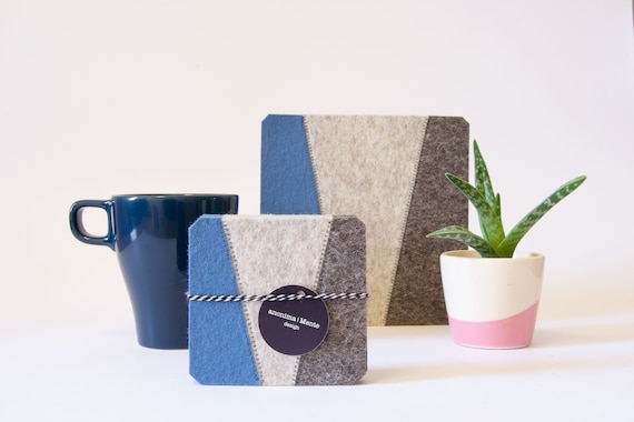 Set of felt coasters - light blue and gray - square coasters - made in Italy