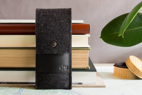 Felt and leather PEN HOLDER - charcoal and black - made in Italy