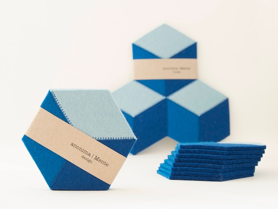 Set of wool felt coasters - blue and turquoise - made in Italy