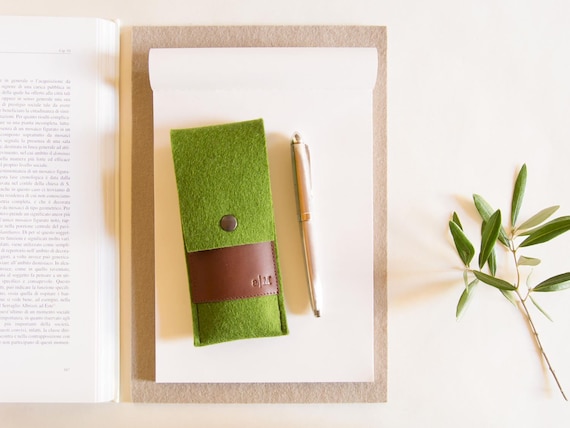 Felt and leather PEN HOLDER - green and brown - made in Italy