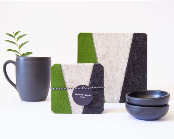 Set of felt coasters - green and grey - square coasters - made in Italy