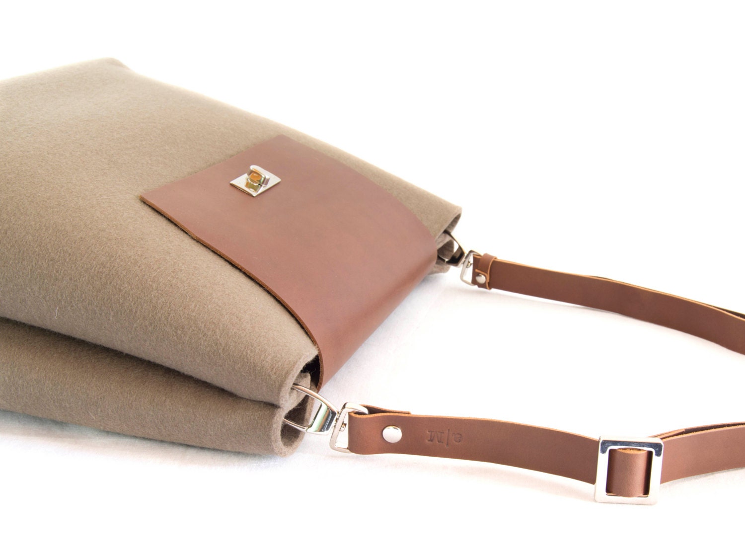 Felt and leather FLAP BAG with leather strap taupe and brown made