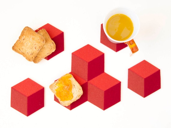 Set of orange felt coasters - hexagonal - made in Italy