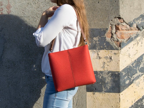 Felt small CROSSBODY BAG with leather strap - orange - made in Italy