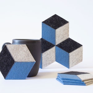 Set of light blue and gray felt coasters - hexagonal coasters - wool felt coasters - geometric coasters - housewarming gift - made in Italy