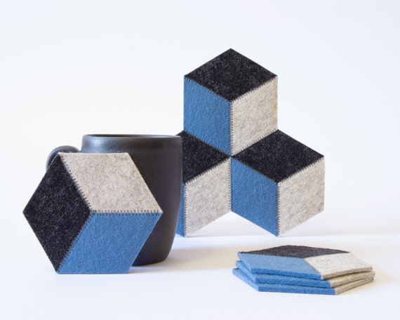 Set of light blue and gray felt coasters - hexagonal - made in Italy