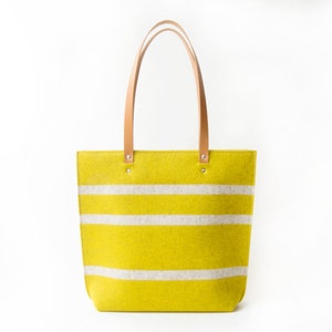 Striped TOTE BAG with leather straps mustard and oatmeal womens bag wool felt tote bag felt shoulder bag made in Italy image 1