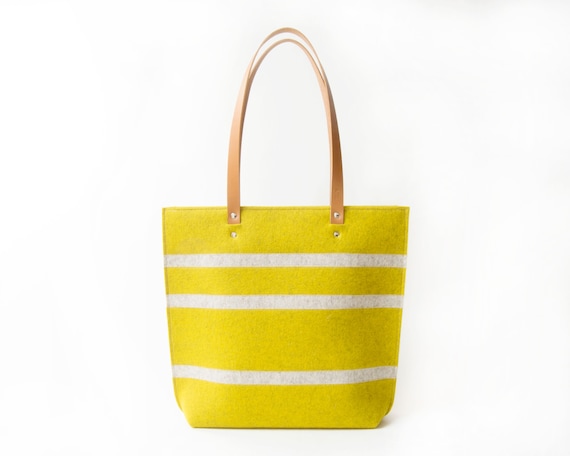 Striped TOTE BAG with leather straps - mustard and oatmeal - made in Italy