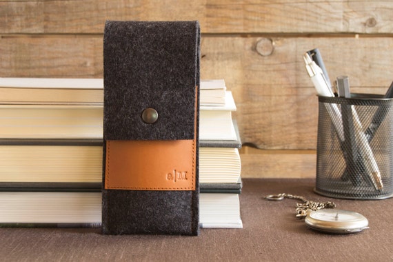 Felt and leather PEN HOLDER - charcoal and tan - made in Italy