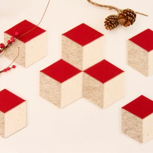 Red & Cream Wool Felt Coasters: Geometric Handmade Drink Coasters
