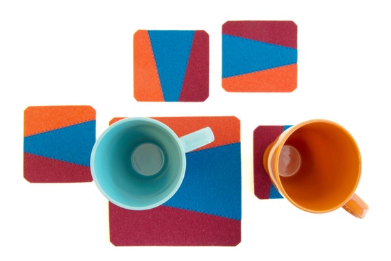 Set of felt coasters - blue/orange/burgundy - square coasters - made in Italy