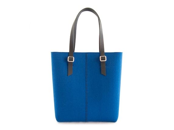 Wool felt TOTE BAG with leather straps - deep blue - made in Italy