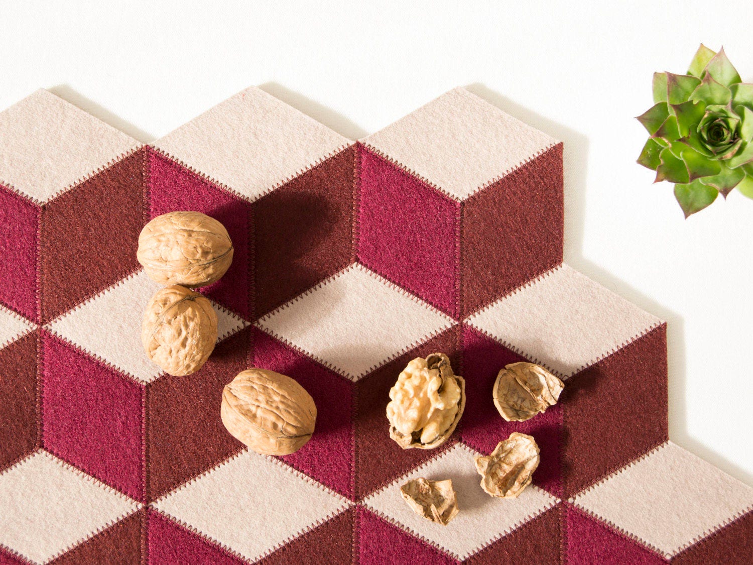 Large table mat / wool felt / burgundy and almond / geometric mat