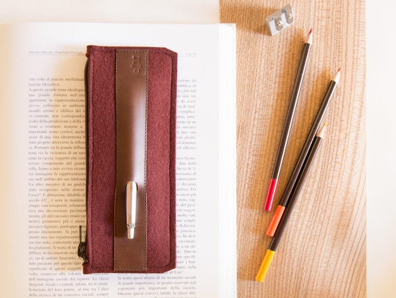 Felt and leather PENCIL CASE - maroon and brown - made in Italy