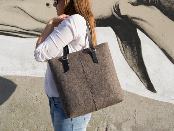 Wool felt TOTE BAG with leather straps - natural gray - made in Italy