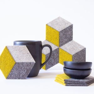 Wool felt coasters - mustard and gray - geometric coasters - made in Italy