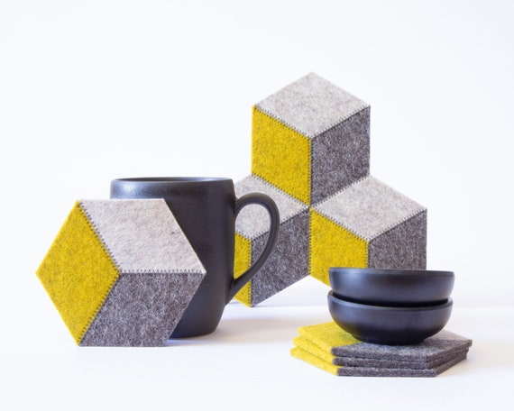 Set of mustard and grey felt coasters - made in Italy