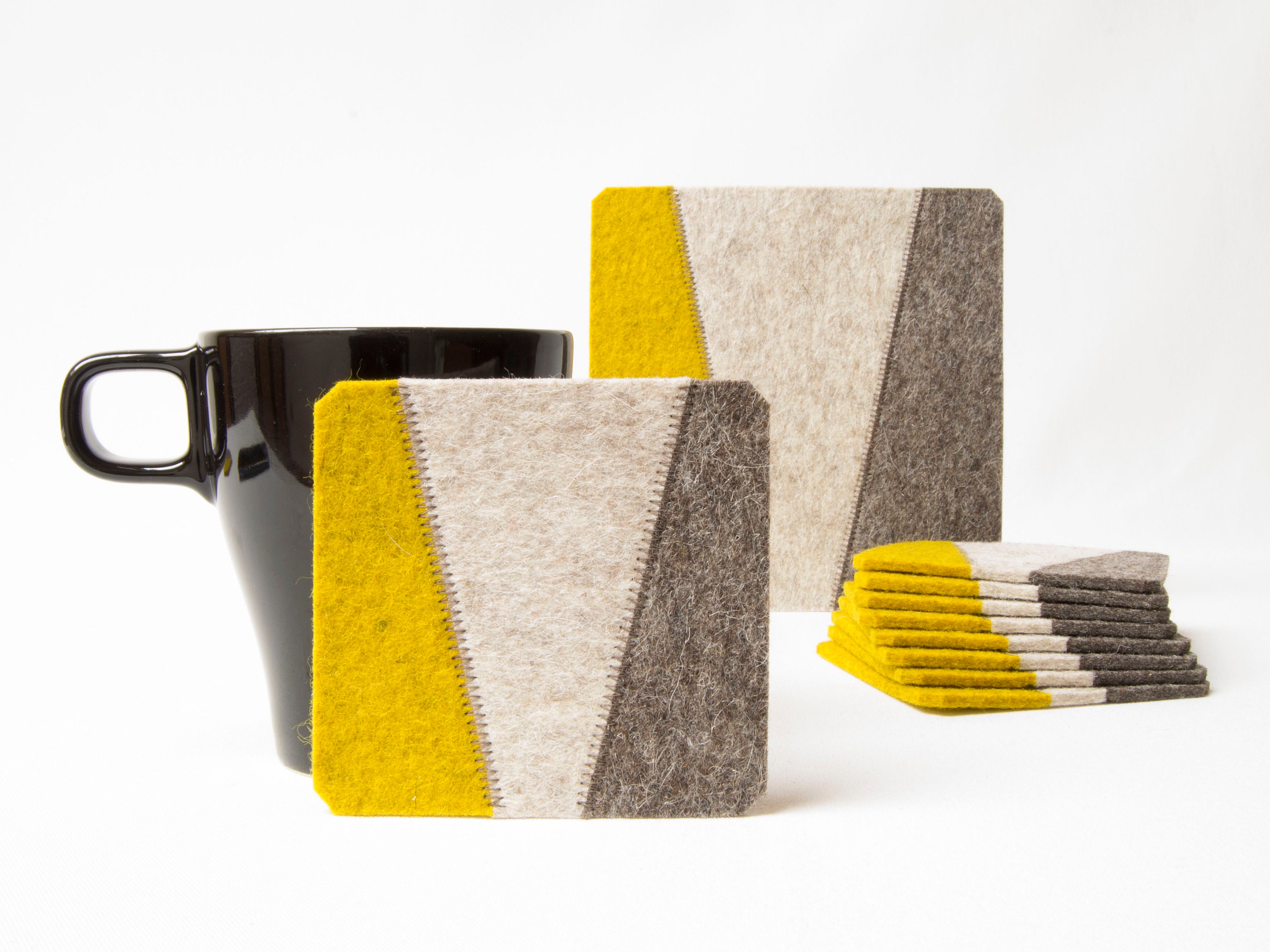 Set of felt coasters / square coasters / grey and mustard / modern home