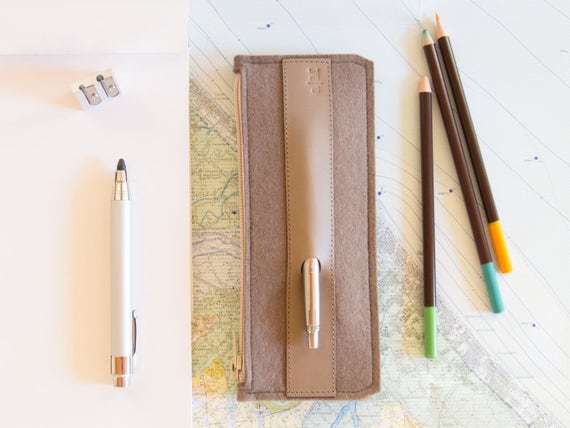 Felt and leather PENCIL CASE - taupe - made in Italy