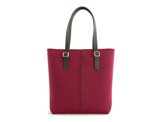 Felt TOTE BAG - leather straps - burgundy - made in Italy