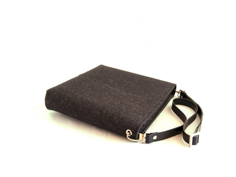 Felt SMALL CROSSBODY BAG with leather strap charcoal crossbody purse small shoulder bag black felt bag wool felt made in Italy image 3