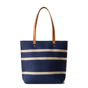 Striped Wool Felt Tote Bag: Blue & Oatmeal, Leather Straps, Made in Italy